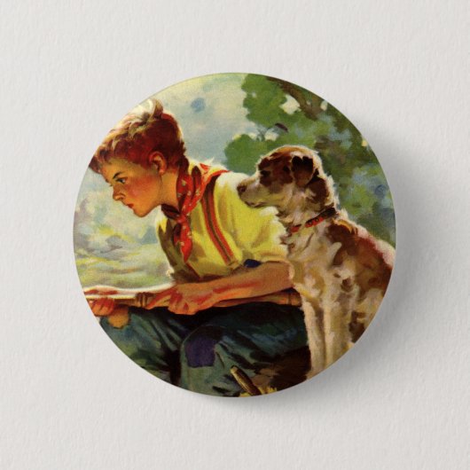 ヴィンテージの子、ペットの犬と少年の魚釣り 缶バッジ (正面)