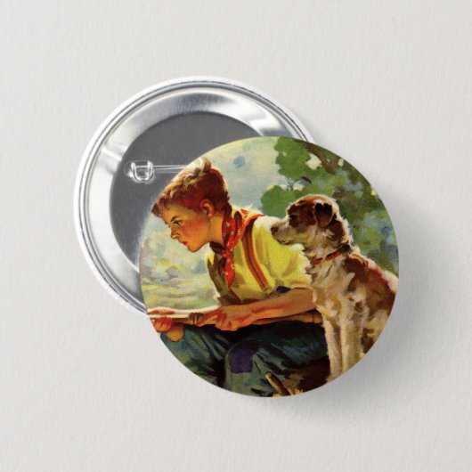 ヴィンテージの子、ペットの犬と少年の魚釣り 缶バッジ (正面&裏面)