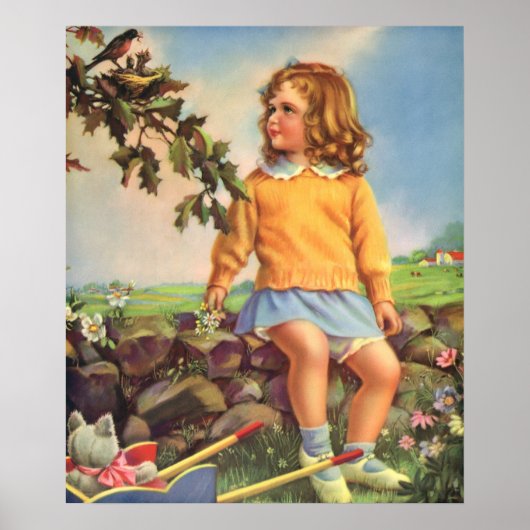 ヴィンテージの子、女の子の木の鳥を見て、春 ポスター (正面)