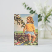 ヴィンテージの子、女の子の木の鳥を見て、春 ポストカード (スタンド正面)