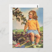 ヴィンテージの子、女の子の木の鳥を見て、春 ポストカード (正面/裏面)