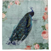 ヴィンテージの孔雀およびバラのイラストレーション シャワーカーテン (正面)