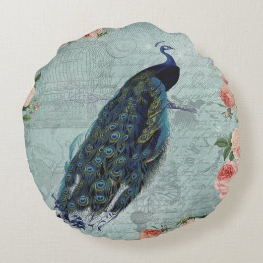 ヴィンテージの孔雀およびバラのイラストレーション ラウンドクッション (裏面)