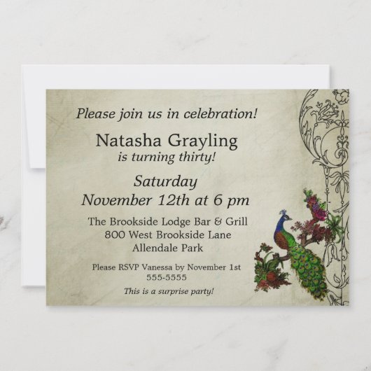 ヴィンテージの孔雀によってカスタマイズ誕生日の招待状 招待状 (裏面)