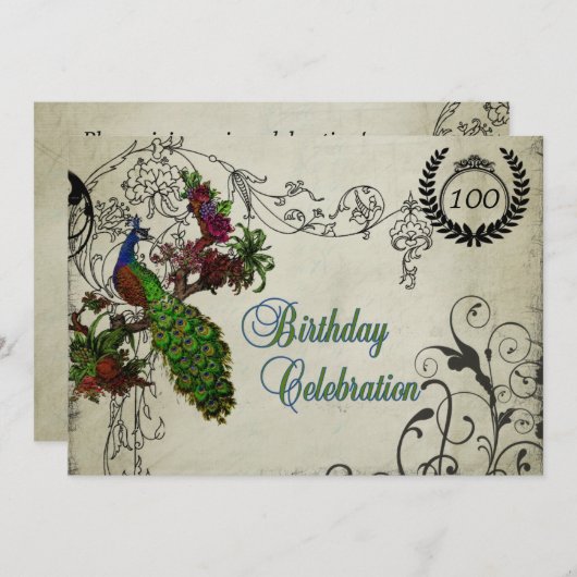 ヴィンテージの孔雀によってカスタマイズ100th誕生日の招待 招待状 (正面/裏面)