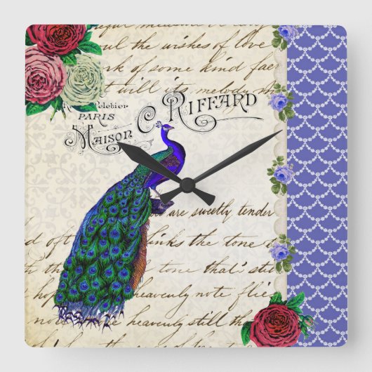 ヴィンテージの孔雀のコラージュの時計 スクエア壁時計 (正面)