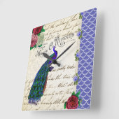 ヴィンテージの孔雀のコラージュの時計 スクエア壁時計 (傾斜)