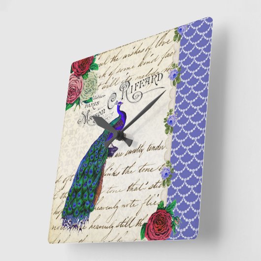 ヴィンテージの孔雀のコラージュの時計 スクエア壁時計 (傾斜)