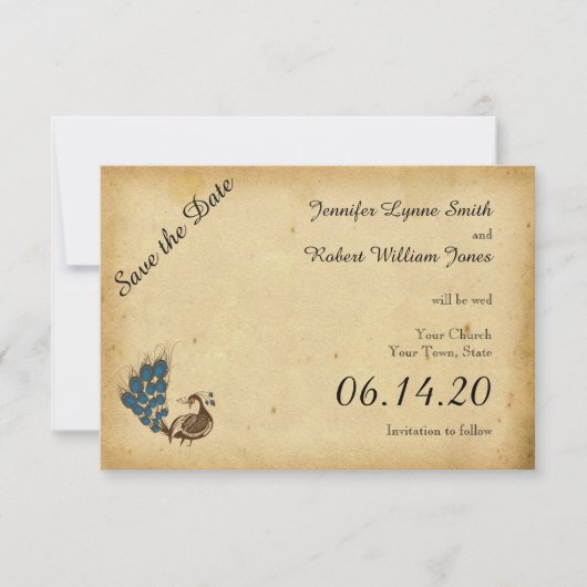 ヴィンテージの孔雀のモノグラムの結婚式の保存日付 セーブザデート (正面)