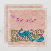 ヴィンテージの孔雀のレースのようなピンクのベビーシャワー 招待状 (正面/裏面)