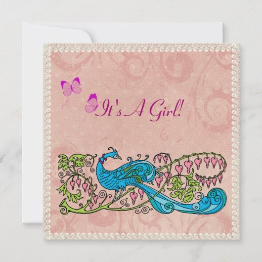 ヴィンテージの孔雀のレースのようなピンクのベビーシャワー 招待状 (正面)
