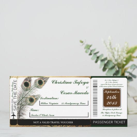ヴィンテージの孔雀の搭乗券の結婚式招待状 招待状 (スタンド正面)