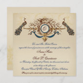 ヴィンテージの孔雀の結婚式招待状のリネン正方形#2 招待状 (正面/裏面)