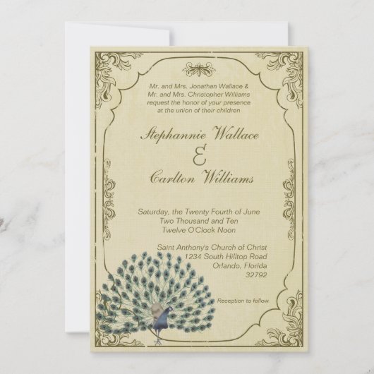 ヴィンテージの孔雀の結婚式招待状 招待状 (正面)