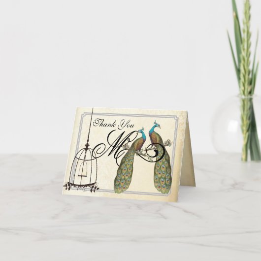 ヴィンテージの孔雀の鳥籠の結婚式招待状 サンキューカード (正面)