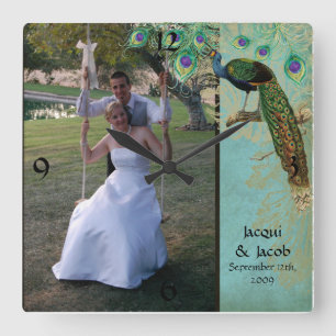 ヴィンテージの孔雀はエッチング-結婚式の写真--に羽をつけます スクエア壁時計