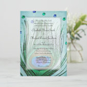 ヴィンテージの孔雀はティール（緑がかった色）の青い結婚式を宝石で飾ります 招待状 (スタンド正面)