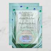 ヴィンテージの孔雀はティール（緑がかった色）の青い結婚式を宝石で飾ります 招待状 (正面/裏面)