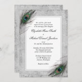 ヴィンテージの孔雀は灰色の結婚式招待状に羽をつけます 招待状 (正面/裏面)