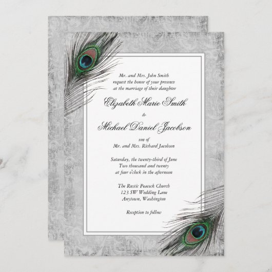 ヴィンテージの孔雀は灰色の結婚式招待状に羽をつけます 招待状 (正面/裏面)