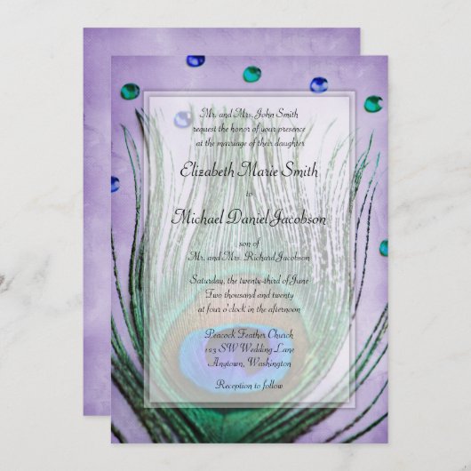 ヴィンテージの孔雀は紫色の結婚式を宝石で飾ります 招待状 (正面/裏面)