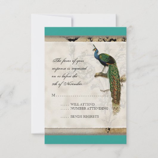 ヴィンテージの孔雀6音楽ノートのCandelabraの渦巻 出欠カード (正面)