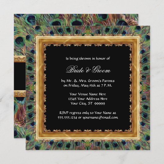 ヴィンテージの孔雀9の羽はエレガントな金ゴールドを切り分けました 招待状 (正面/裏面)