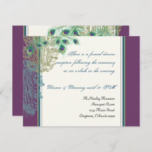 ヴィンテージの孔雀、羽の披露宴の招待状 招待状 (正面/裏面)