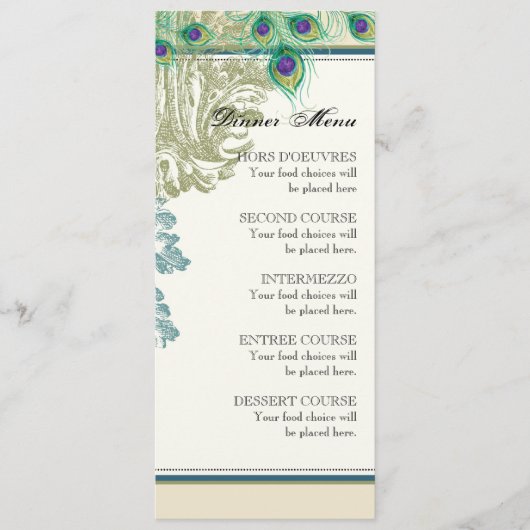 ヴィンテージの孔雀、羽、夕食メニューカード メニュー (正面)