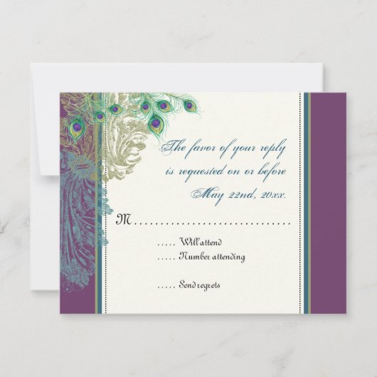 ヴィンテージの孔雀、羽RSVPの応答カード 出欠カード (正面)