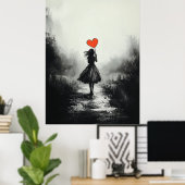 ヴィンテージの孤独 – ハートバルーンアートを持つ女の子 ポスター (ホームオフィス)