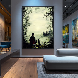 ヴィンテージの孤独 – 穏やかな自然の中の男と犬 ポスター