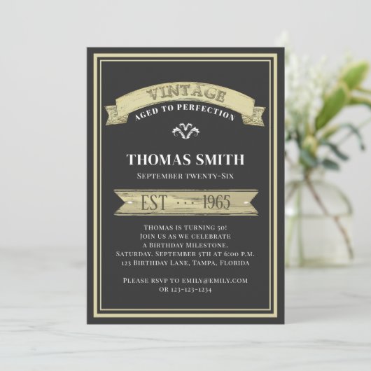 ヴィンテージの完全高齢化モダントレンディー誕生日 招待状 (スタンド正面)