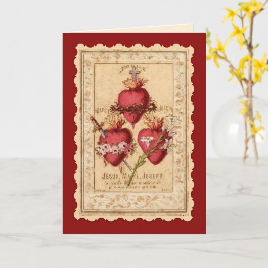 ヴィンテージの宗教のハートイエス・マリア&ヨセフ カード (黄色い花)