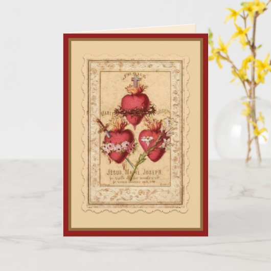 ヴィンテージの宗教のハートイエス・マリア&ヨセフ カード (黄色い花)