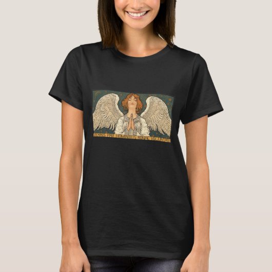 ヴィンテージの宗教的な天使が金色の星と共に祈る Tシャツ (正面)