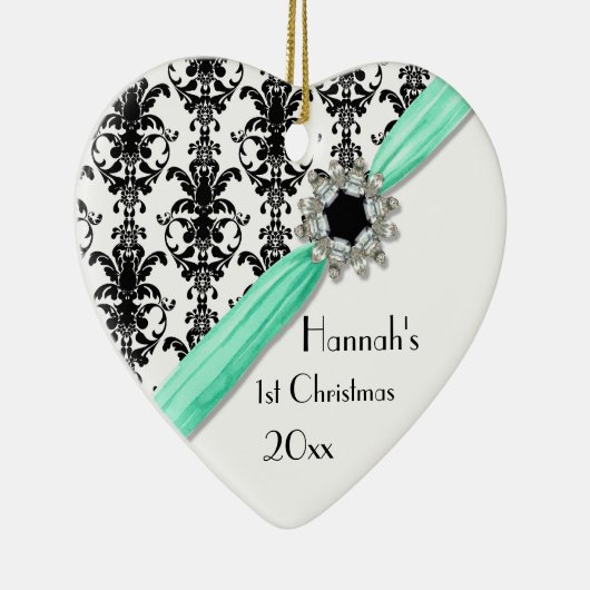 ヴィンテージの宝石のバックルの白黒のダマスク織のリボン セラミックオーナメント (右)