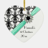 ヴィンテージの宝石のバックルの白黒のダマスク織のリボン セラミックオーナメント (正面)