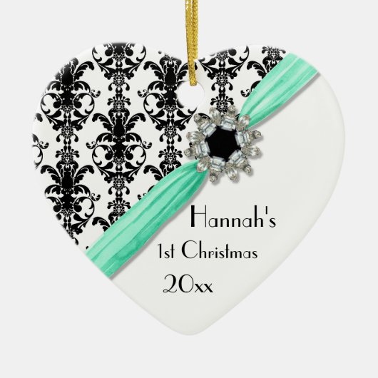 ヴィンテージの宝石のバックルの白黒のダマスク織のリボン セラミックオーナメント (正面)