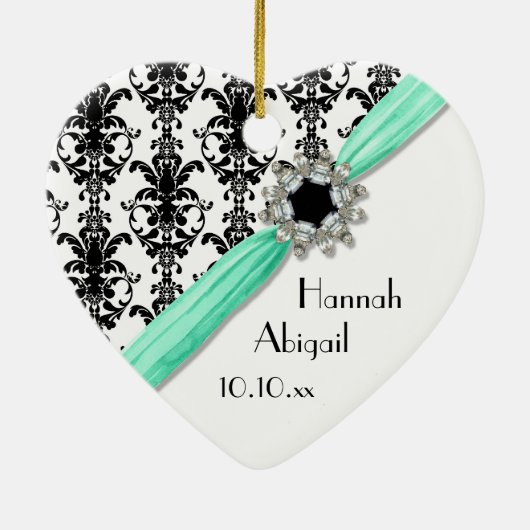 ヴィンテージの宝石のバックルの白黒のダマスク織のリボン セラミックオーナメント (裏面)