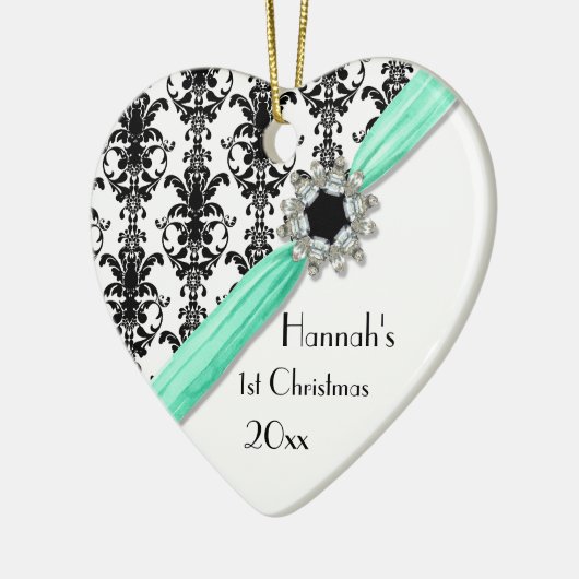 ヴィンテージの宝石のバックルの白黒のダマスク織のリボン セラミックオーナメント (左)