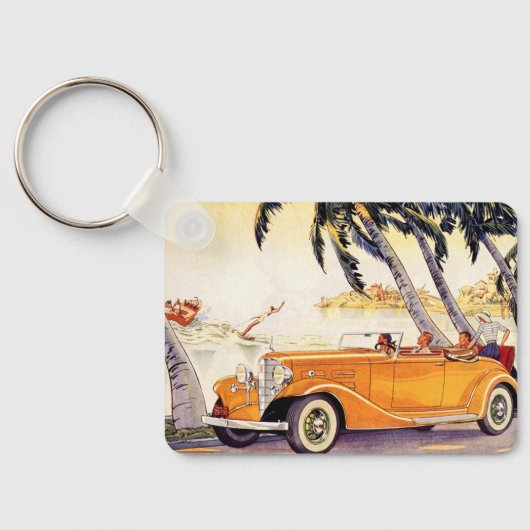 ヴィンテージの家族の休暇をコンバーチブルカーで キーホルダー (裏面)