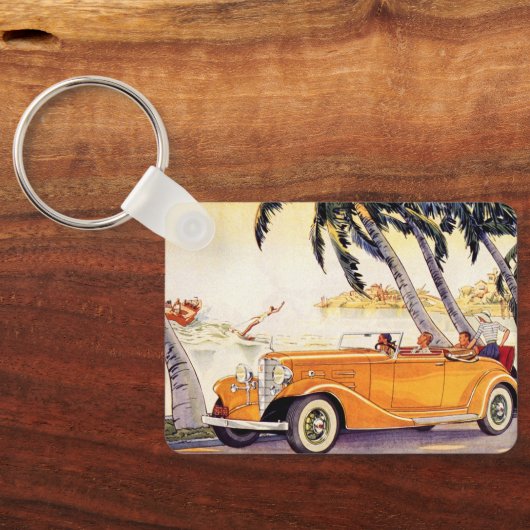 ヴィンテージの家族の休暇をコンバーチブルカーで キーホルダー (裏面)