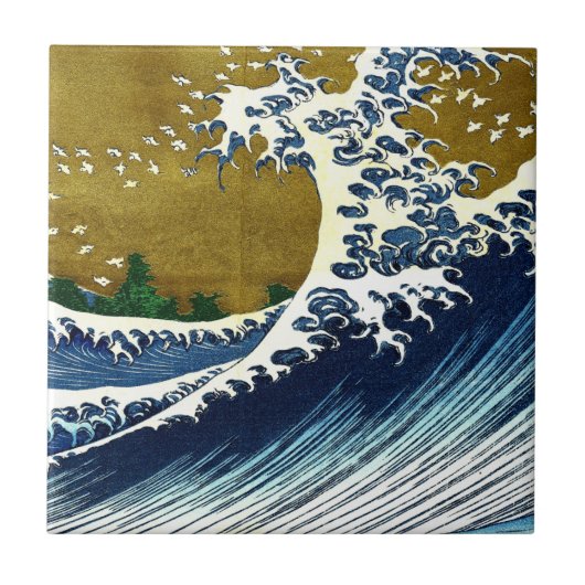 ヴィンテージの富士の100つの眺めからの素晴らしい波の絵画 タイル (正面)