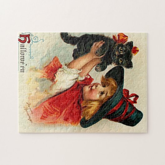 ヴィンテージの小さい魔法使いおよび黒猫 ジグソーパズル (横)