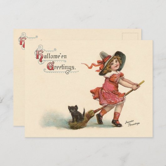 ヴィンテージの小さい魔法使いのハロウィンの挨拶の郵便はがき ポストカード (正面/裏面)