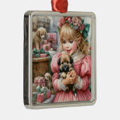 ヴィンテージの小さな女の子ピンクと子犬のクリスマス メタルオーナメント (右)