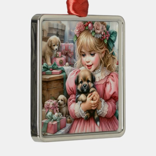 ヴィンテージの小さな女の子ピンクと子犬のクリスマス メタルオーナメント (右)