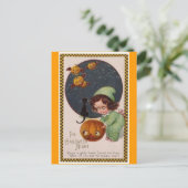 ヴィンテージの小さな女飛んでいるの子のカボチャの黒い猫のカード ポストカード (スタンド正面)