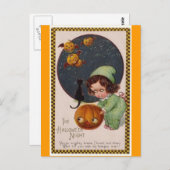 ヴィンテージの小さな女飛んでいるの子のカボチャの黒い猫のカード ポストカード (正面/裏面)